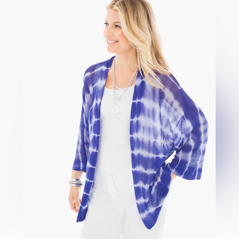 NWT M CHICO’S Size 1 Fariday LINEN Tie Dye Knit Sweater Cardigan Open Summer